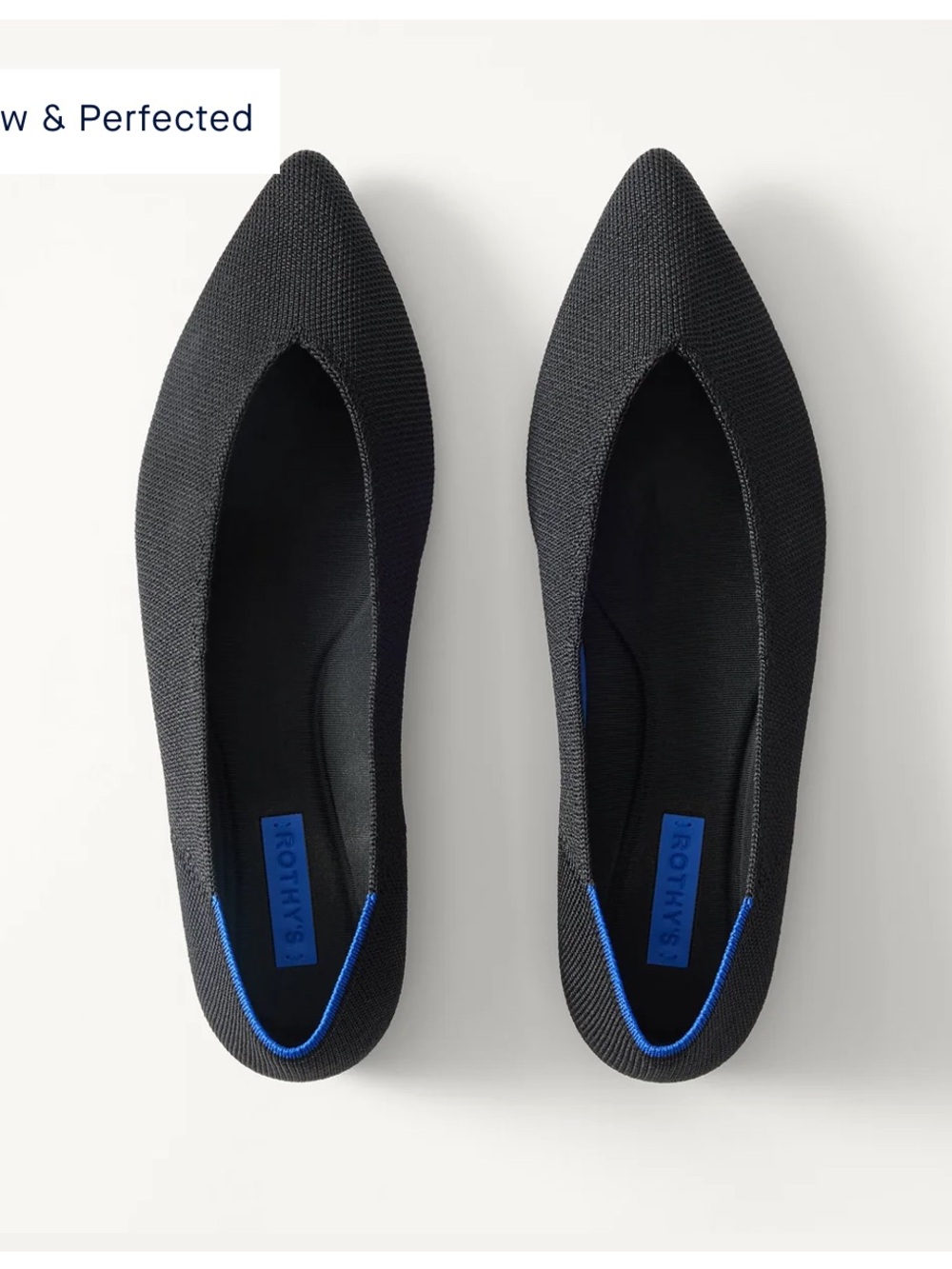 Rothy's Black Pointed-Toe Knit Flats with Blue Trim 7.5